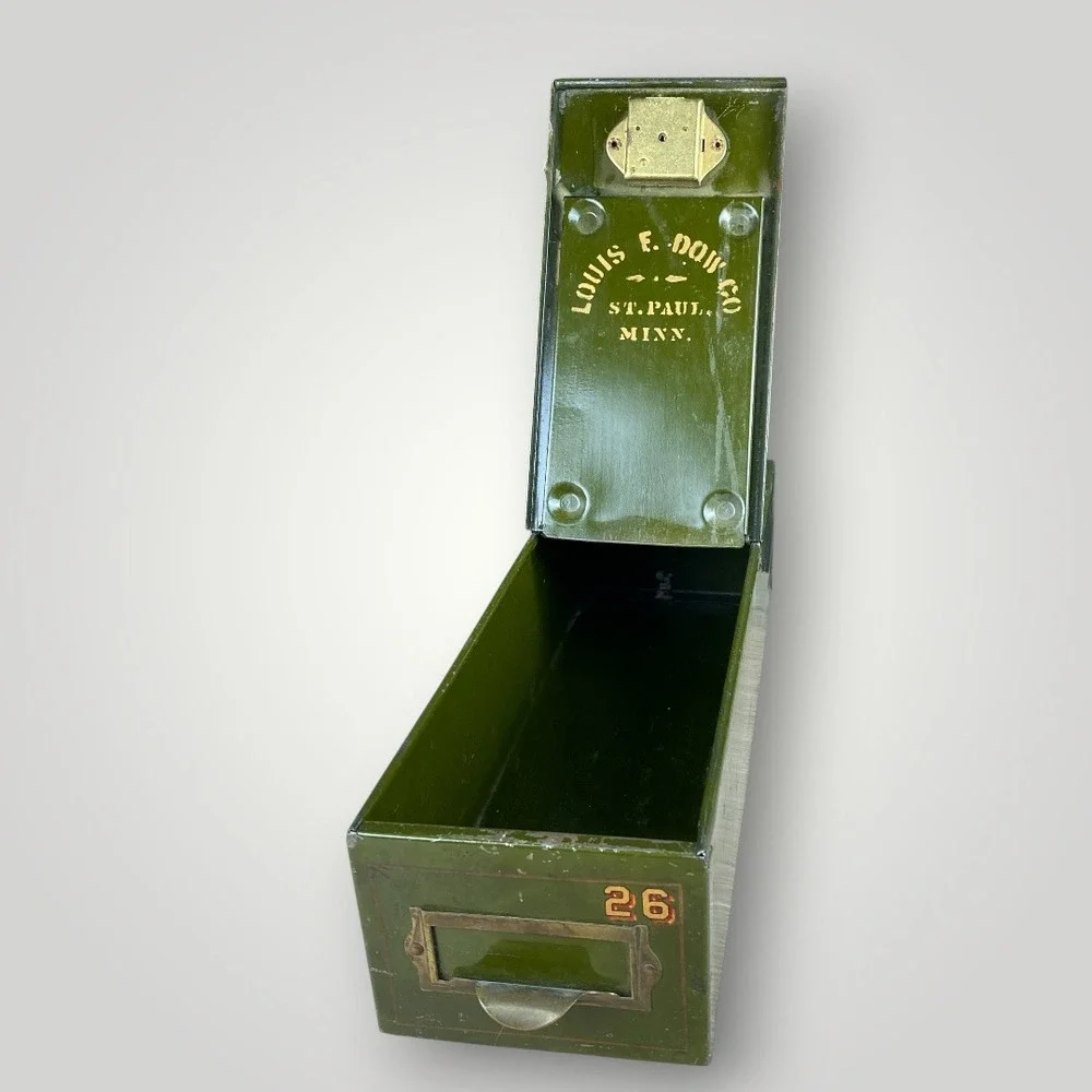 Safety Deposit Box Army Green Baked Enamel Metal 1940s Louis F Dow Co
